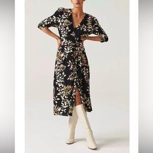 ba&sh Crissy Dress Black Floral Print Wrap Midi Sz S
